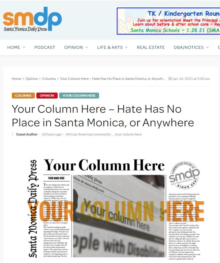 Screenshot of SMDP post, "Your Column Here- Hate has no place in Santa Monica, or Anywhere
